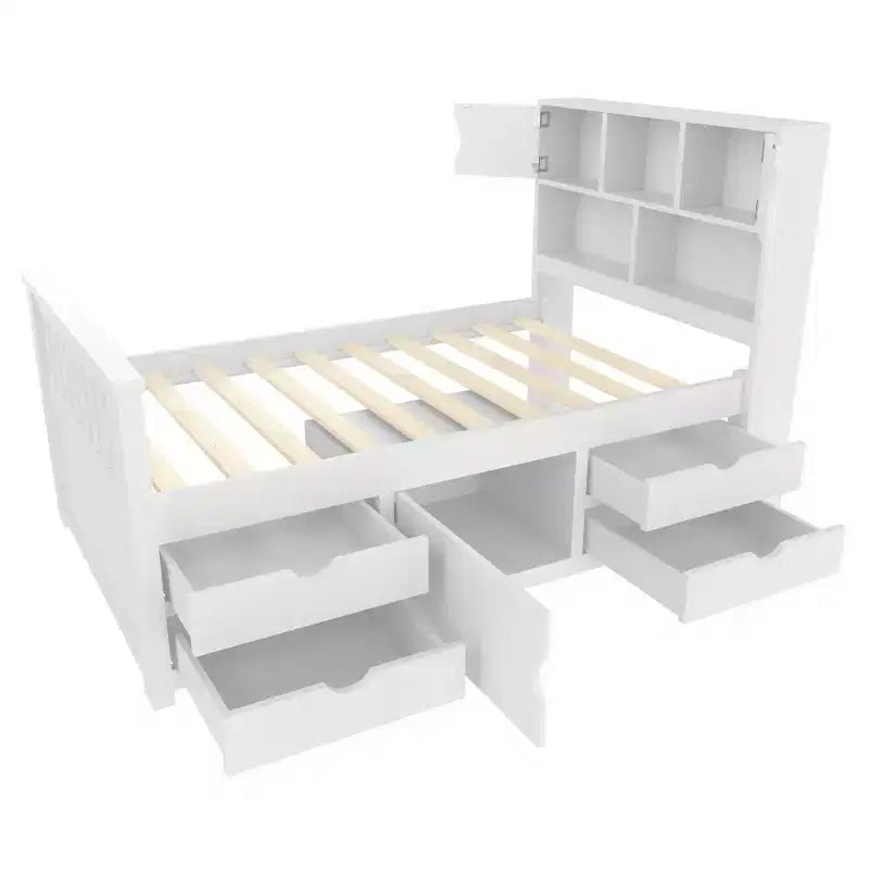 Luxystar Twin Size Captain Platform Bed with Bookcases Headboard and 4 Adjustable Drawers for Bedroom, White