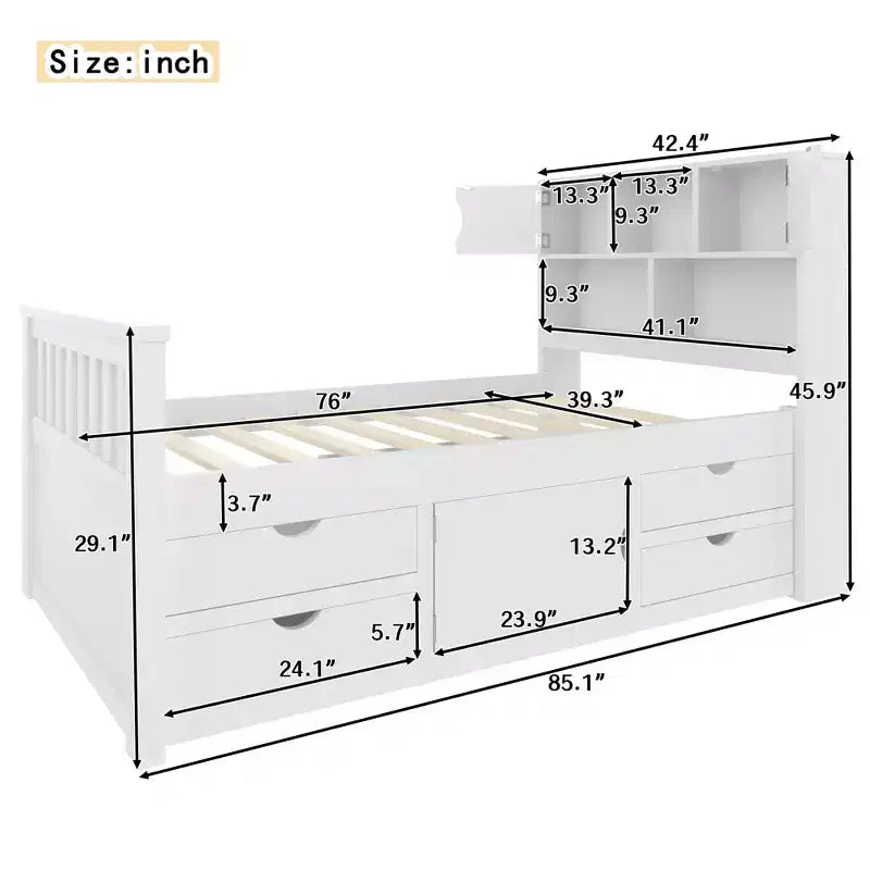 Luxystar Twin Size Captain Platform Bed with Bookcases Headboard and 4 Adjustable Drawers for Bedroom, White