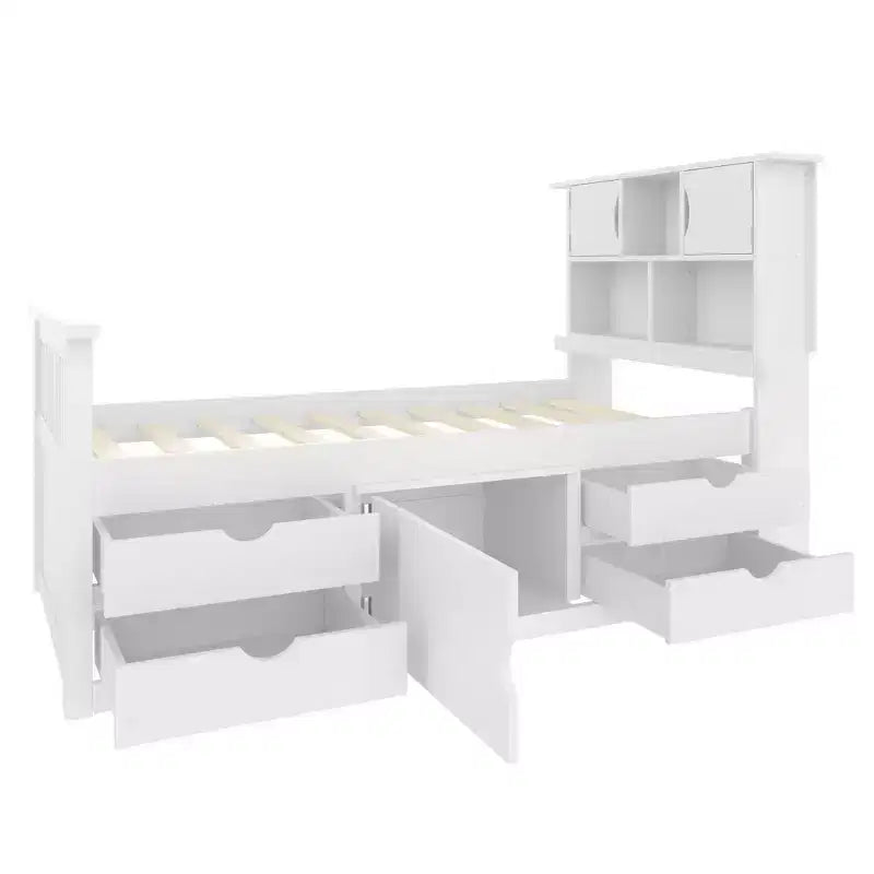 Luxystar Twin Size Captain Platform Bed with Bookcases Headboard and 4 Adjustable Drawers for Bedroom, White