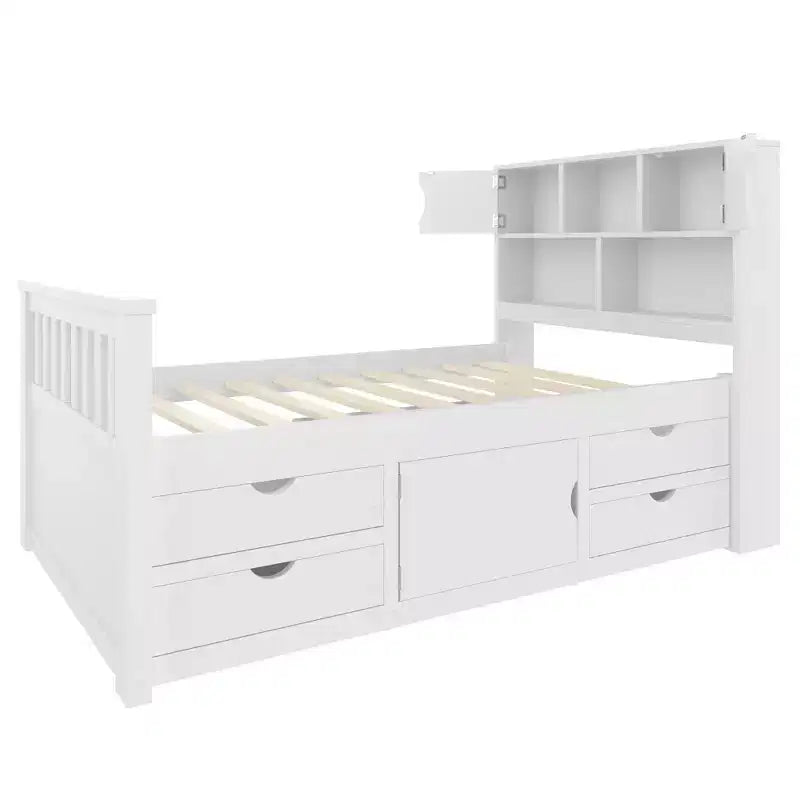 Luxystar Twin Size Captain Platform Bed with Bookcases Headboard and 4 Adjustable Drawers for Bedroom, White