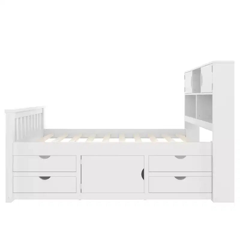 Luxystar Twin Size Captain Platform Bed with Bookcases Headboard and 4 Adjustable Drawers for Bedroom, White