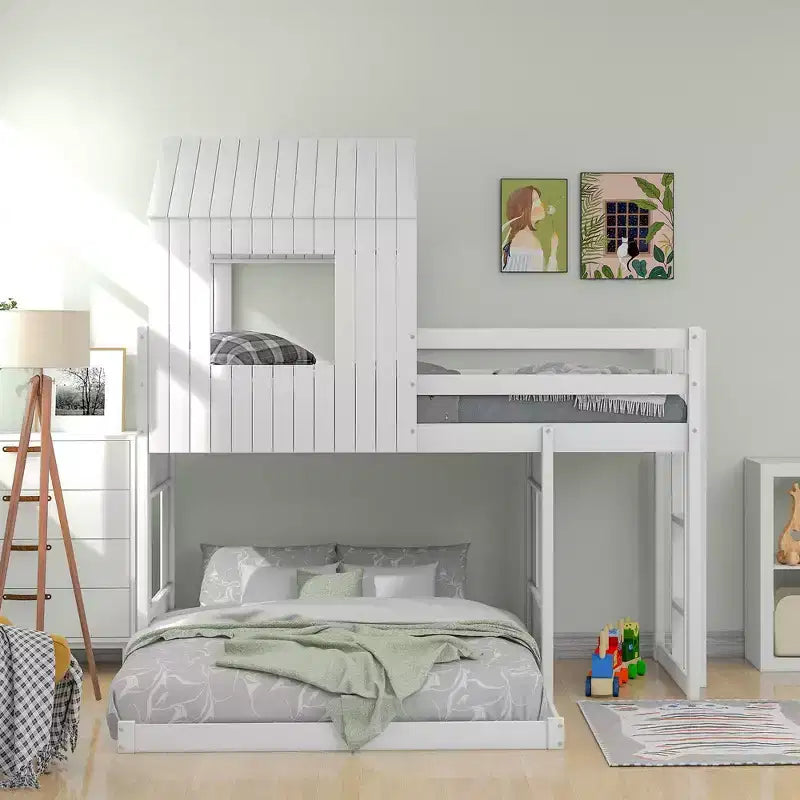 Twin Over Full Bunk Bed Loft Bed with Playhouse Design, Ladder & Guardrails - ModernLuxe