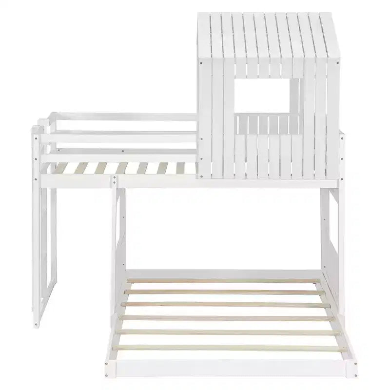 Twin Over Full Bunk Bed Loft Bed with Playhouse Design, Ladder & Guardrails - ModernLuxe