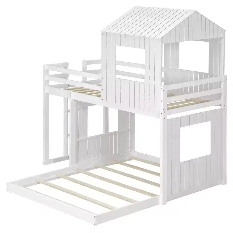 Twin Over Full Bunk Bed Loft Bed with Playhouse Design, Ladder & Guardrails - ModernLuxe