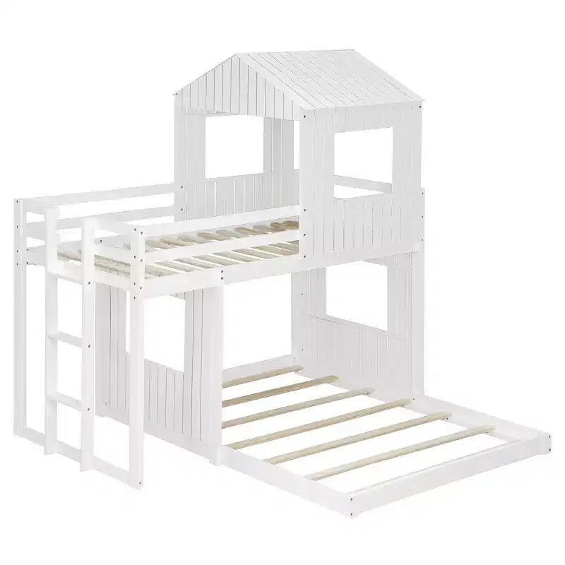 Twin Over Full Bunk Bed Loft Bed with Playhouse Design, Ladder & Guardrails - ModernLuxe