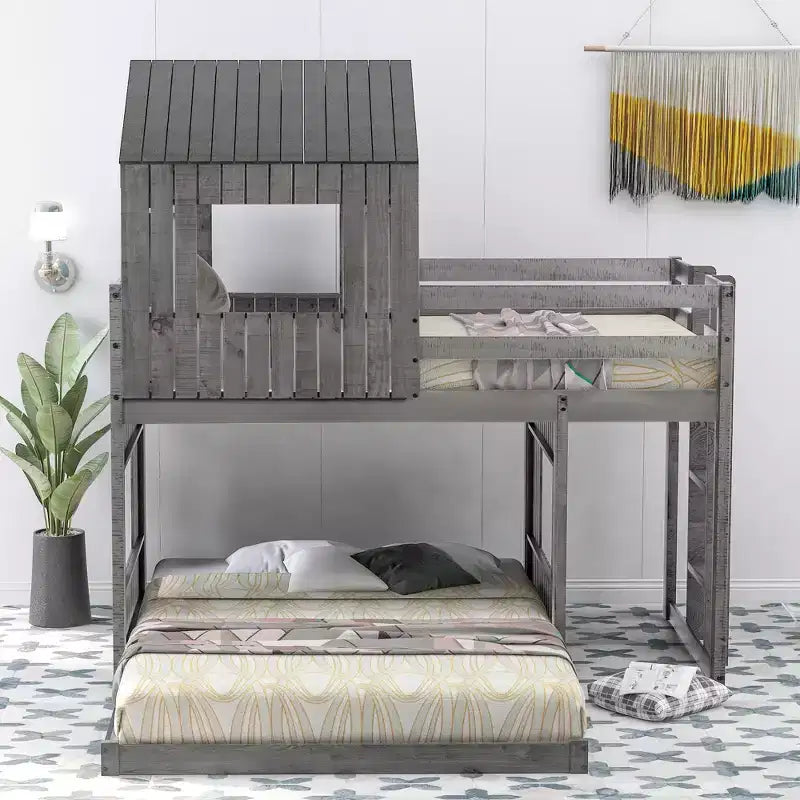 Twin Over Full Bunk Bed Loft Bed with Playhouse Design, Ladder & Guardrails - ModernLuxe