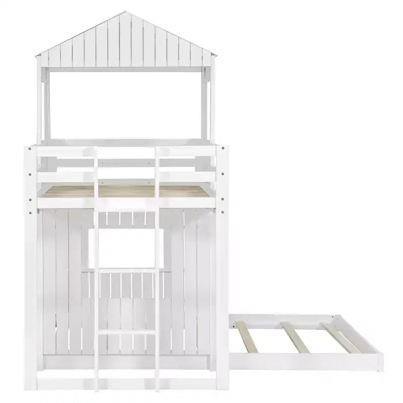 Twin Over Full Bunk Bed Loft Bed with Playhouse Design, Ladder & Guardrails - ModernLuxe