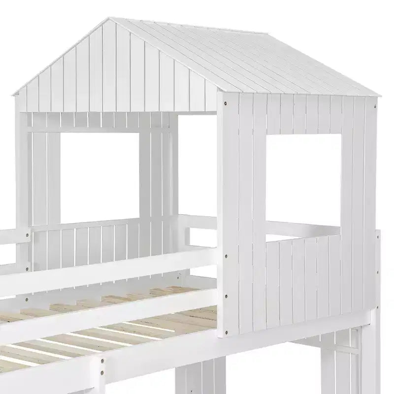 Twin Over Full Bunk Bed Loft Bed with Playhouse Design, Ladder & Guardrails - ModernLuxe