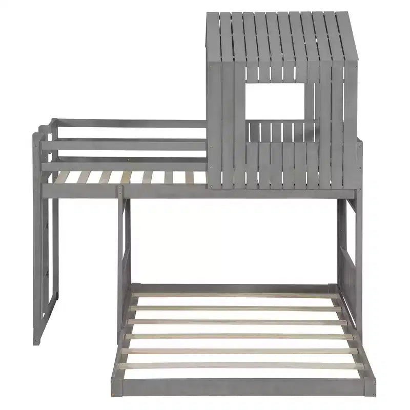 Twin Over Full Bunk Bed Loft Bed with Playhouse Design, Ladder & Guardrails - ModernLuxe