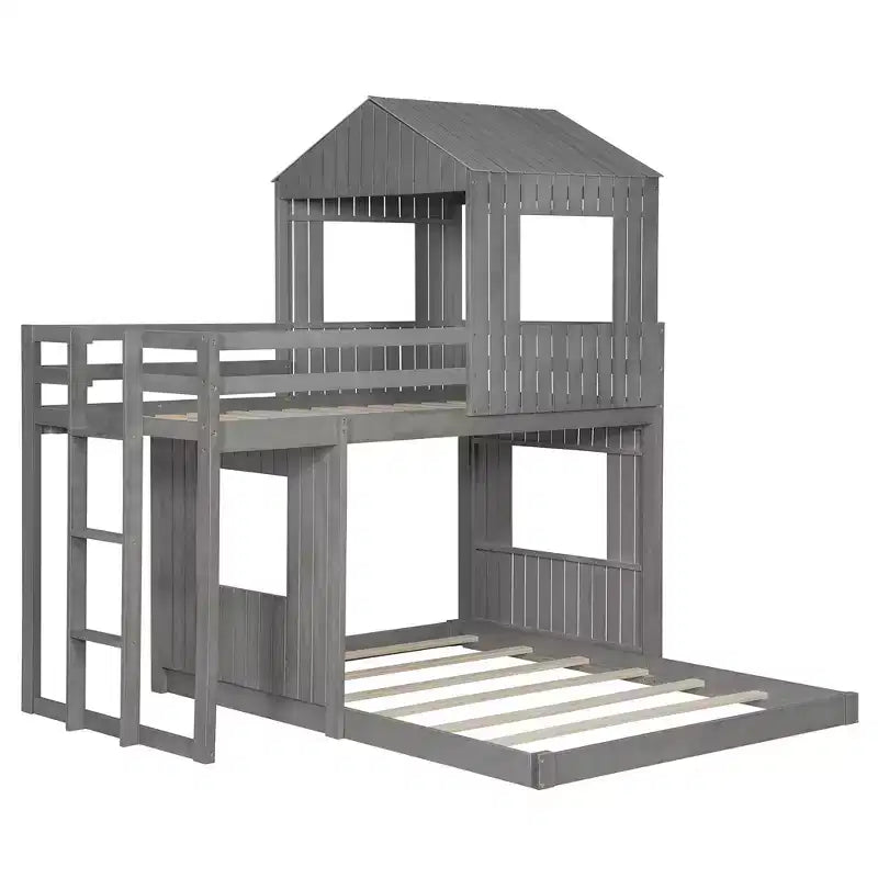 Twin Over Full Bunk Bed Loft Bed with Playhouse Design, Ladder & Guardrails - ModernLuxe