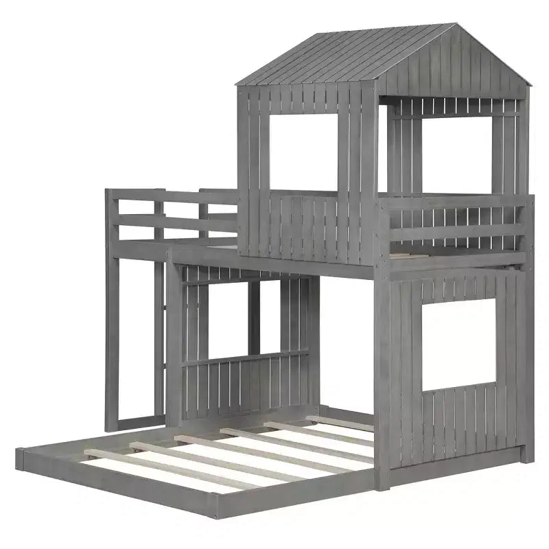 Twin Over Full Bunk Bed Loft Bed with Playhouse Design, Ladder & Guardrails - ModernLuxe