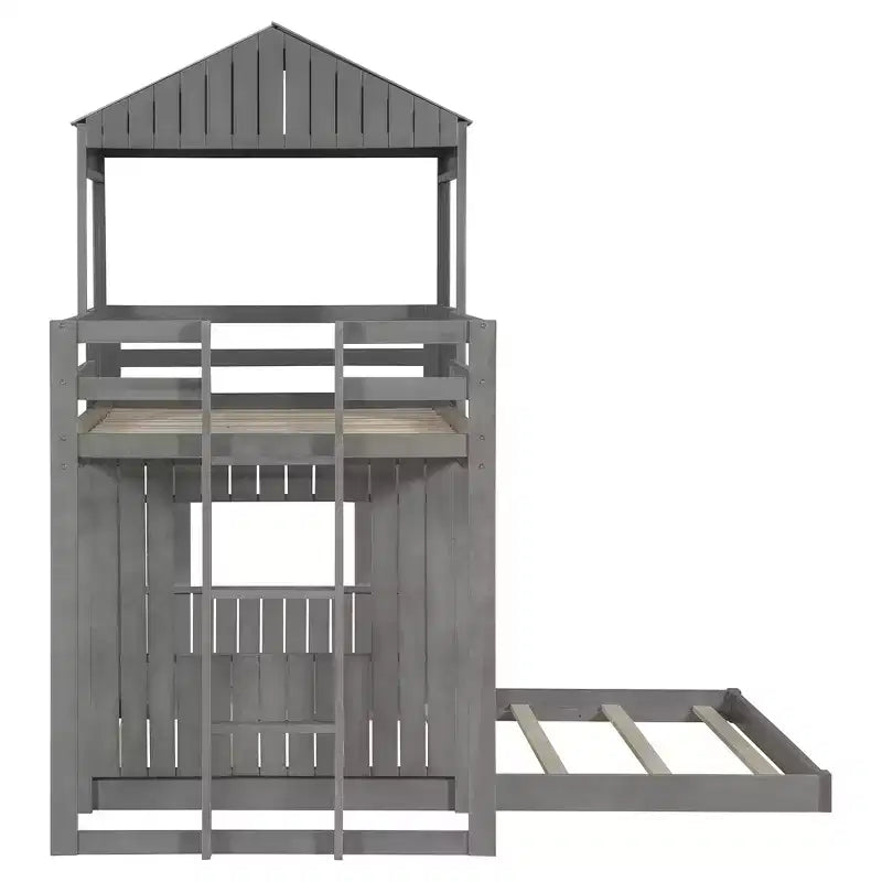 Twin Over Full Bunk Bed Loft Bed with Playhouse Design, Ladder & Guardrails - ModernLuxe