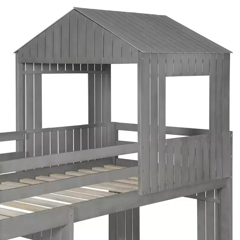 Twin Over Full Bunk Bed Loft Bed with Playhouse Design, Ladder & Guardrails - ModernLuxe