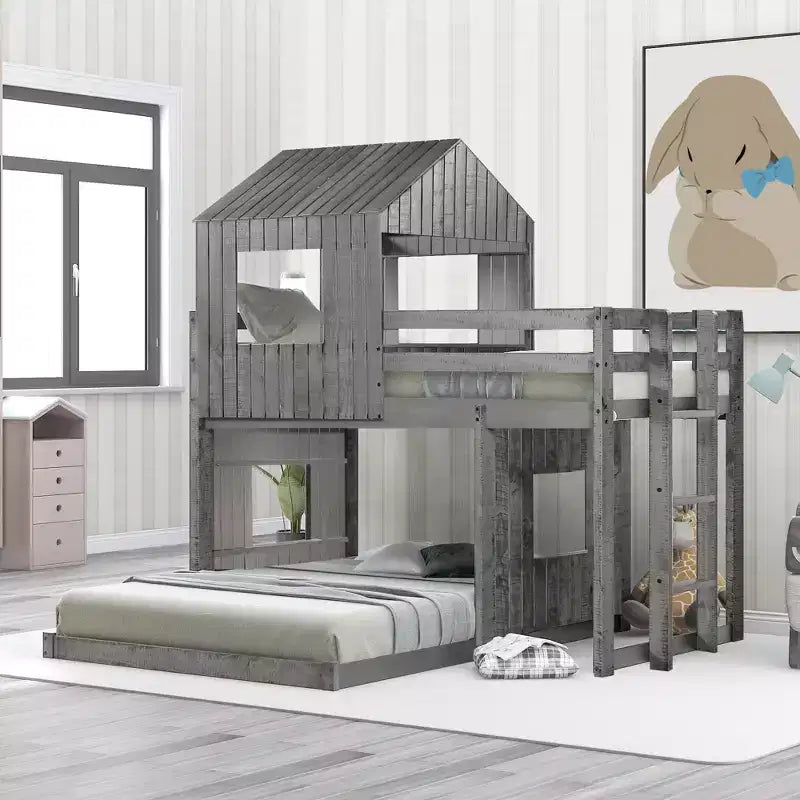 Twin Over Full Bunk Bed Loft Bed with Playhouse Design, Ladder & Guardrails - ModernLuxe