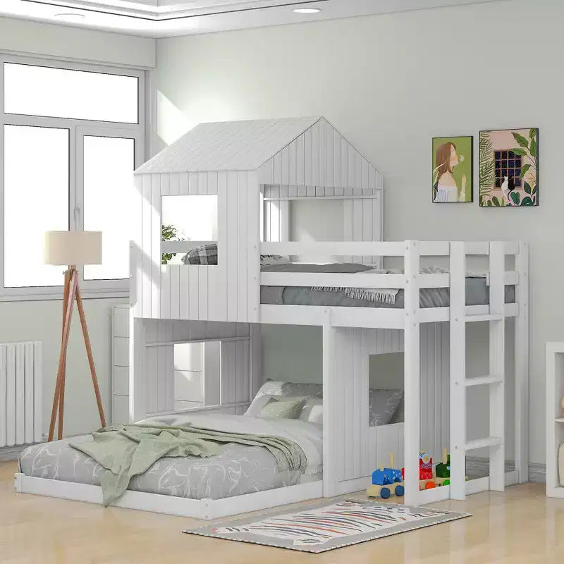 Twin Over Full Bunk Bed Loft Bed with Playhouse Design, Ladder & Guardrails - ModernLuxe