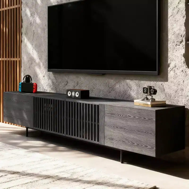 70.87 Inch TV Stand for TVs up to 80 Inches with Slatted Doors Storage Media Console for Living Room Gaoyangjiaju