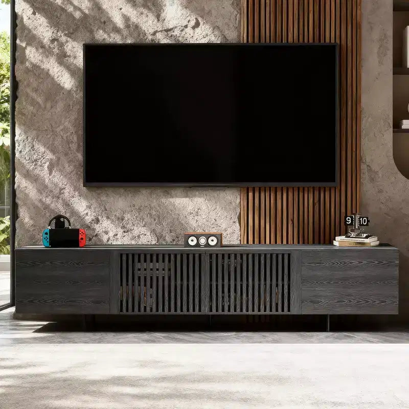 70.87 Inch TV Stand for TVs up to 80 Inches with Slatted Doors Storage Media Console for Living Room Gaoyangjiaju
