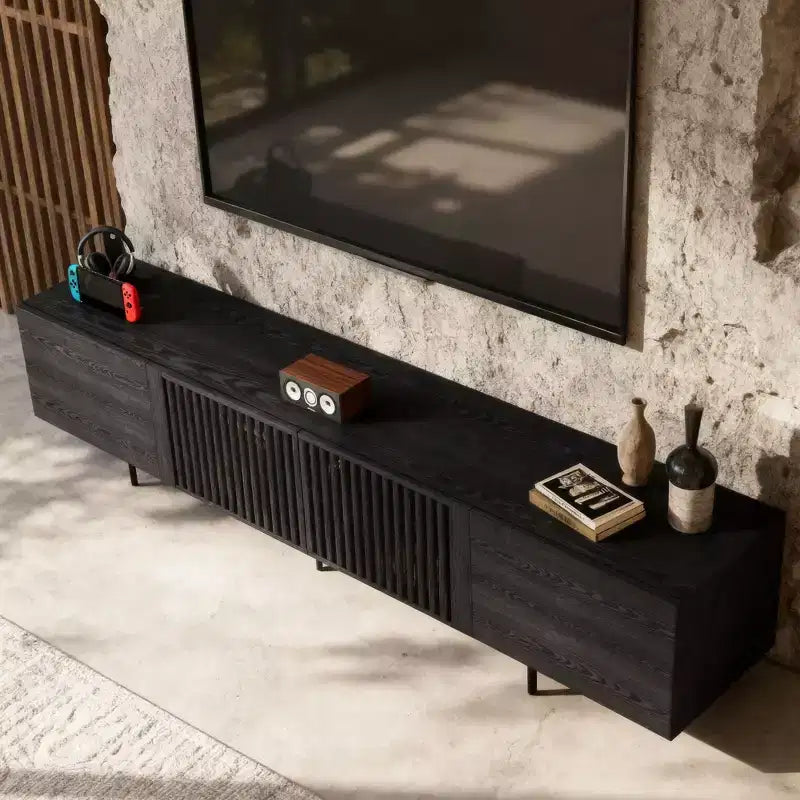 70.87 Inch TV Stand for TVs up to 80 Inches with Slatted Doors Storage Media Console for Living Room Gaoyangjiaju