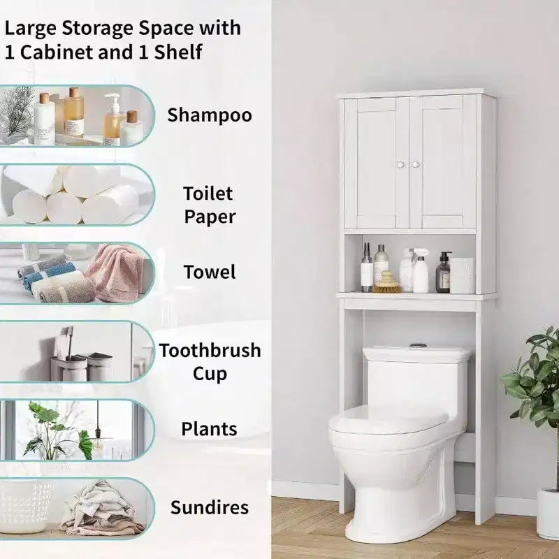 Over Toilet Storage Cabinet Bathroom Shelf Organizer with Anti - Tip Device Small Freestanding Space Saver White Adjustable Shelf