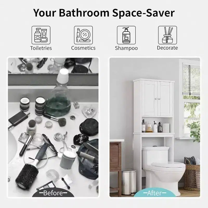 Over Toilet Storage Cabinet Bathroom Shelf Organizer with Anti - Tip Device Small Freestanding Space Saver White Adjustable Shelf