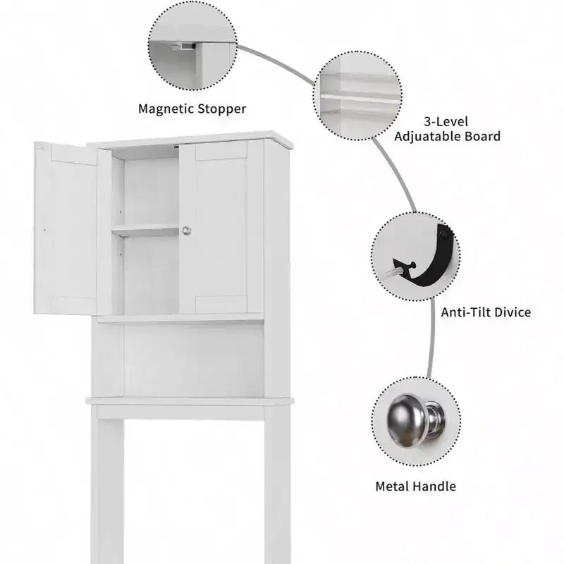 Over Toilet Storage Cabinet Bathroom Shelf Organizer with Anti - Tip Device Small Freestanding Space Saver White Adjustable Shelf