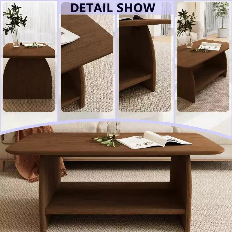 Modern Double-Layer Coffee Table with Storage Shelf, Retro Rectangular Center Table for Living Rooms or Apartments - Panipeachy