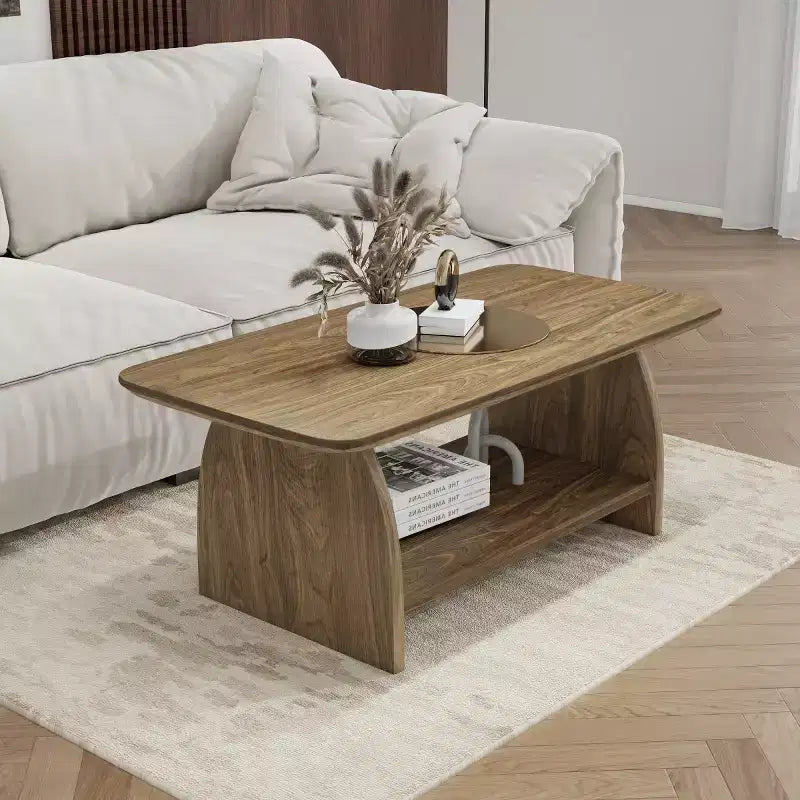 Modern Double-Layer Coffee Table with Storage Shelf, Retro Rectangular Center Table for Living Rooms or Apartments - Panipeachy