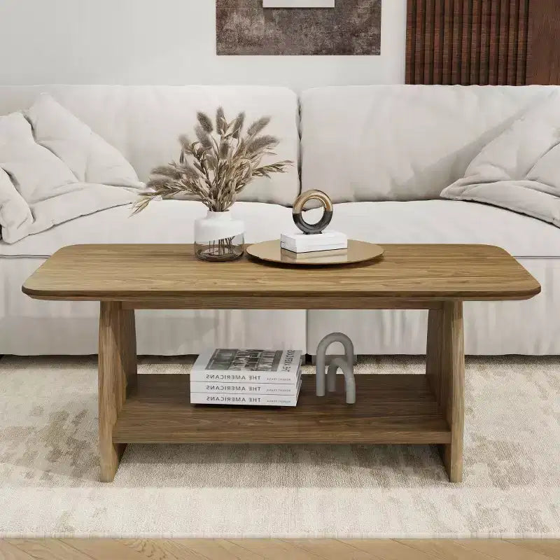 Modern Double-Layer Coffee Table with Storage Shelf, Retro Rectangular Center Table for Living Rooms or Apartments - Panipeachy