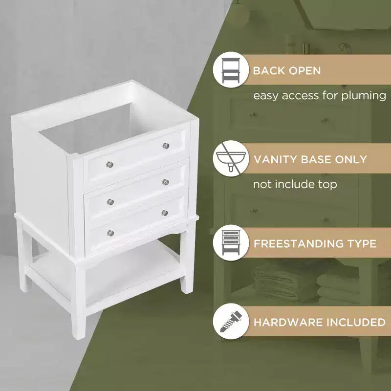 MAYEERTY 24 Bathroom Vanity without Sink Solid Wood Frame Storage Drawer Open Shelf White