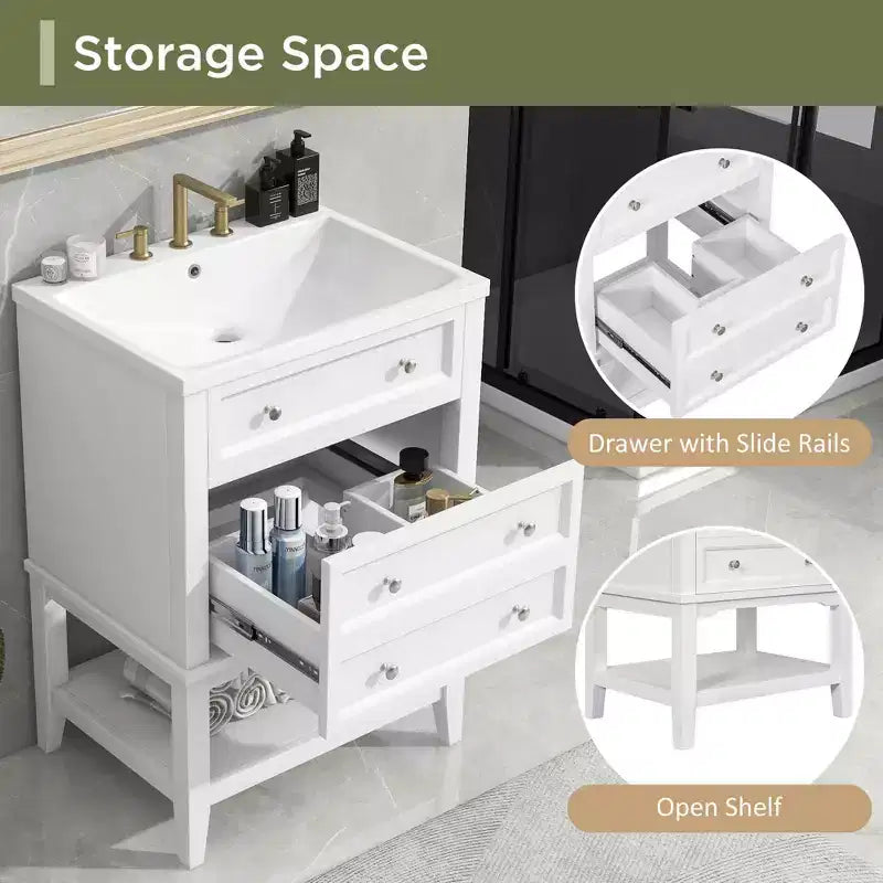 MAYEERTY 24 Bathroom Vanity without Sink Solid Wood Frame Storage Drawer Open Shelf White