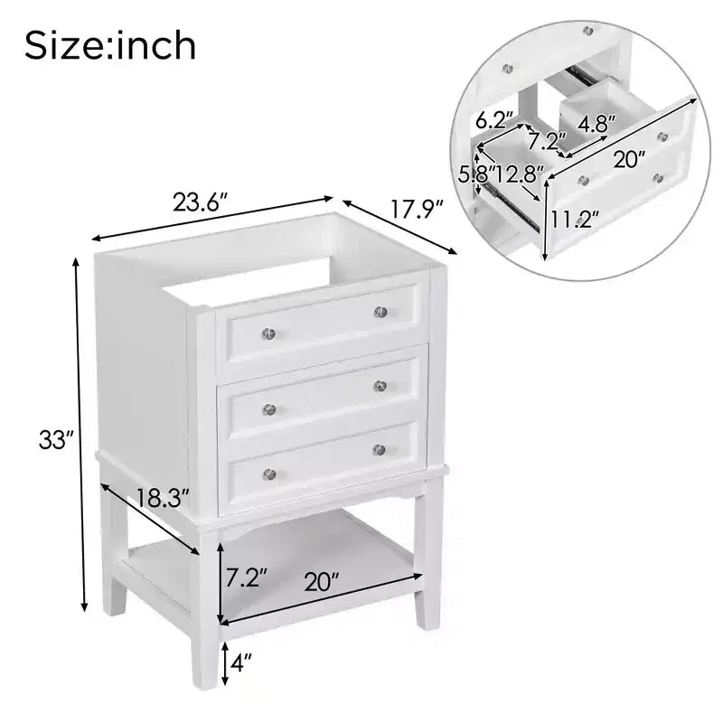 MAYEERTY 24 Bathroom Vanity without Sink Solid Wood Frame Storage Drawer Open Shelf White