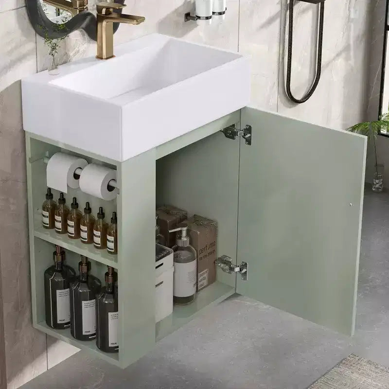 MAYEERTY 20 Bathroom Vanity Ceramic Sink Diamond Door Gold Handle Side Shelves Towel Bar MDF