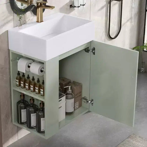 MAYEERTY 20 Bathroom Vanity Ceramic Sink Diamond Door Gold Handle Side Shelves Towel Bar MDF