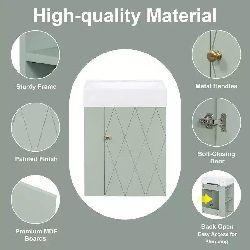 MAYEERTY 20 Bathroom Vanity Ceramic Sink Diamond Door Gold Handle Side Shelves Towel Bar MDF