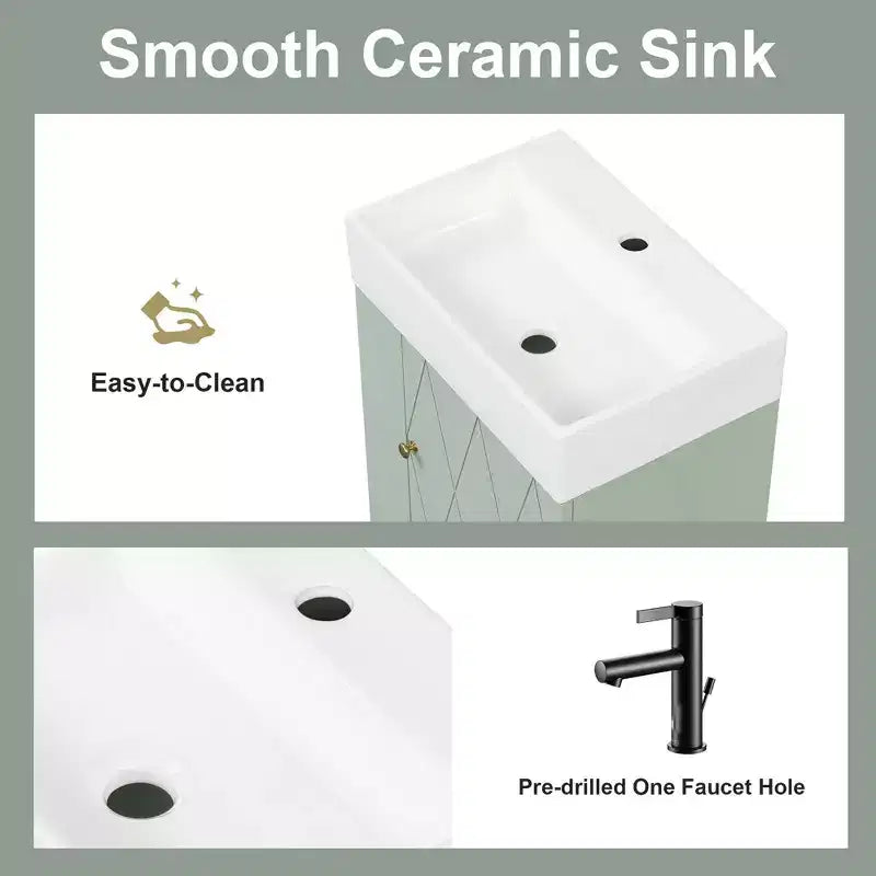 MAYEERTY 20 Bathroom Vanity Ceramic Sink Diamond Door Gold Handle Side Shelves Towel Bar MDF