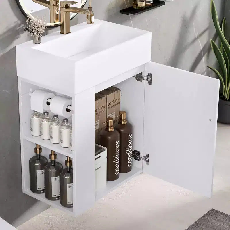 MAYEERTY 20 Bathroom Vanity Ceramic Sink Diamond Door Gold Handle Side Shelves Towel Bar MDF