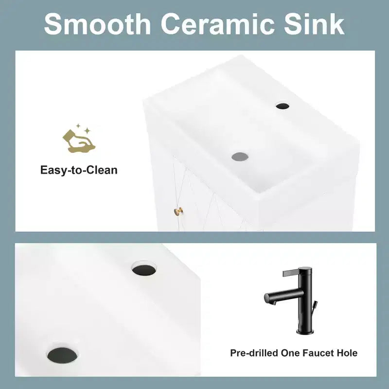 MAYEERTY 20 Bathroom Vanity Ceramic Sink Diamond Door Gold Handle Side Shelves Towel Bar MDF