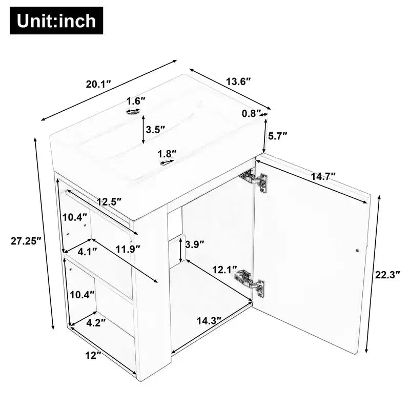 MAYEERTY 20 Bathroom Vanity Ceramic Sink Diamond Door Gold Handle Side Shelves Towel Bar MDF