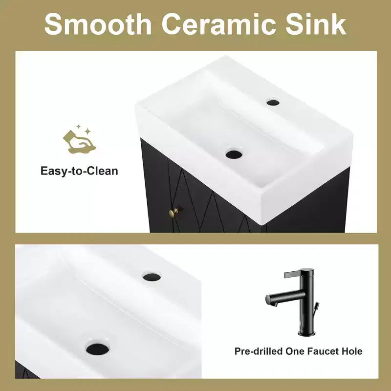 MAYEERTY 20 Bathroom Vanity Ceramic Sink Diamond Door Gold Handle Side Shelves Towel Bar MDF