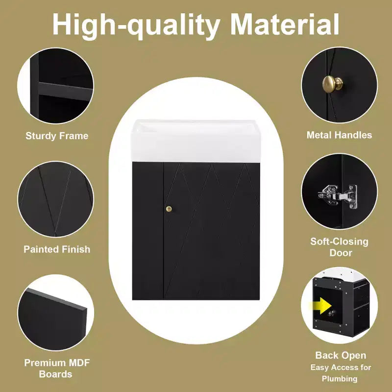 MAYEERTY 20 Bathroom Vanity Ceramic Sink Diamond Door Gold Handle Side Shelves Towel Bar MDF