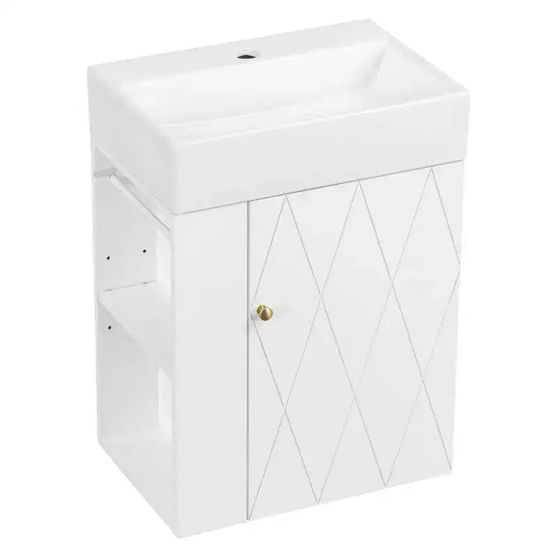 MAYEERTY 20 Bathroom Vanity Ceramic Sink Diamond Door Gold Handle Side Shelves Towel Bar MDF