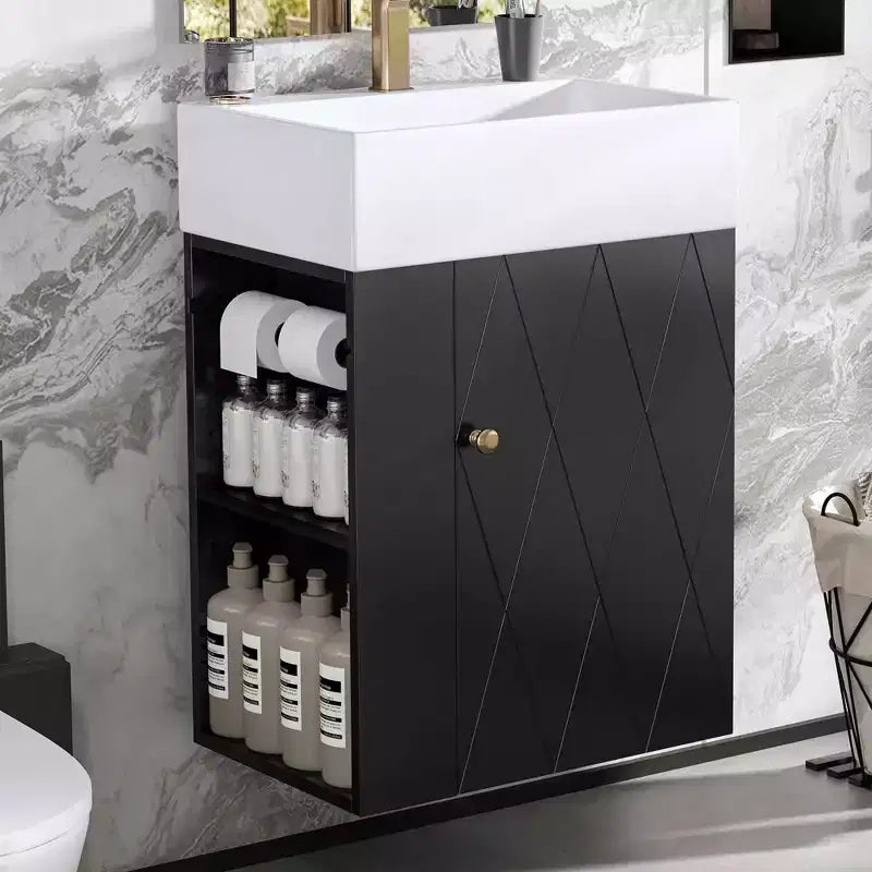 MAYEERTY 20 Bathroom Vanity Ceramic Sink Diamond Door Gold Handle Side Shelves Towel Bar MDF