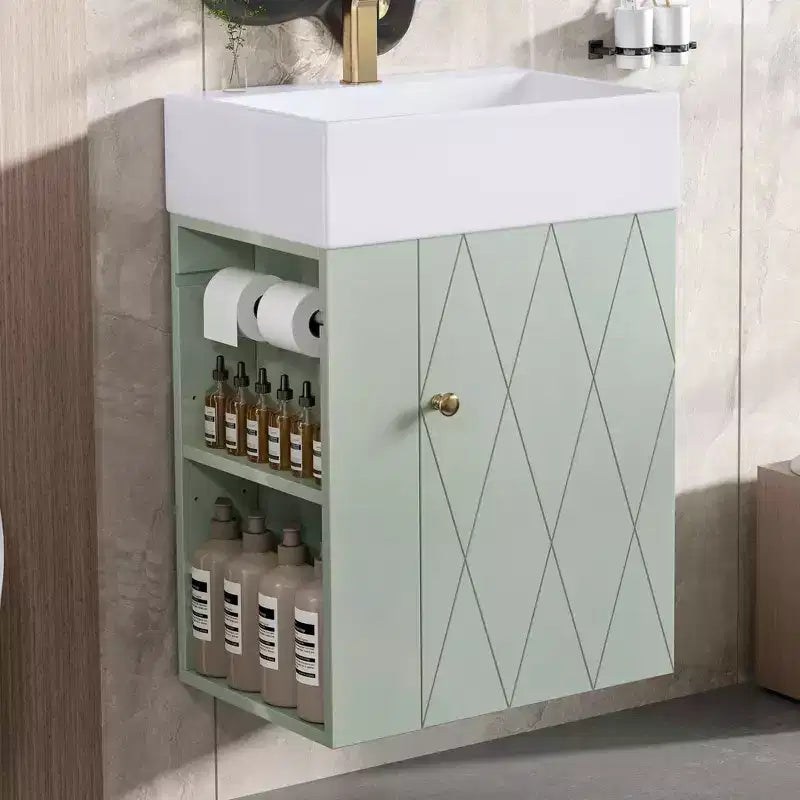 MAYEERTY 20 Bathroom Vanity Ceramic Sink Diamond Door Gold Handle Side Shelves Towel Bar MDF