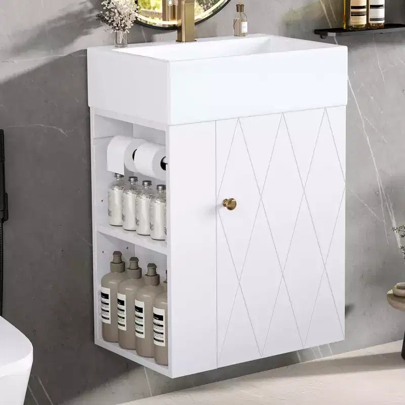 MAYEERTY 20 Bathroom Vanity Ceramic Sink Diamond Door Gold Handle Side Shelves Towel Bar MDF