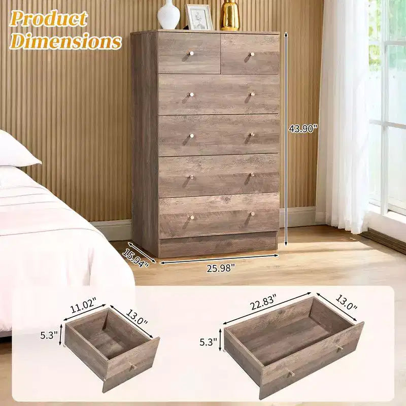 Karl Home 6-Drawer Large Dresser for Bedroom and Chest of Drawers with Sturdy Construction Wood Storage Organizer for Closet In Grey
