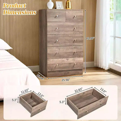 Karl Home 6-Drawer Large Dresser for Bedroom and Chest of Drawers with Sturdy Construction Wood Storage Organizer for Closet In Grey