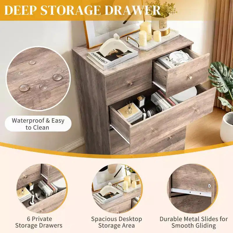 Karl Home 6-Drawer Large Dresser for Bedroom and Chest of Drawers with Sturdy Construction Wood Storage Organizer for Closet In Grey