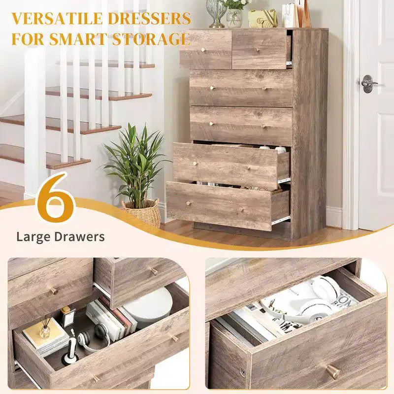Karl Home 6-Drawer Large Dresser for Bedroom and Chest of Drawers with Sturdy Construction Wood Storage Organizer for Closet In Grey
