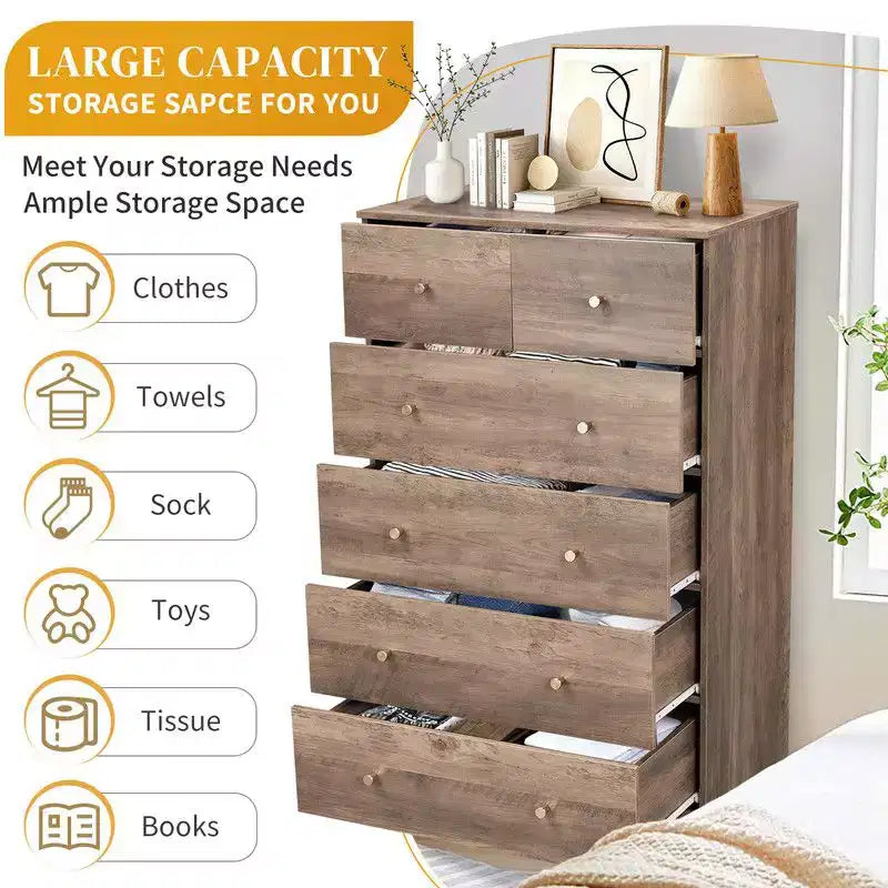 Karl Home 6-Drawer Large Dresser for Bedroom and Chest of Drawers with Sturdy Construction Wood Storage Organizer for Closet In Grey
