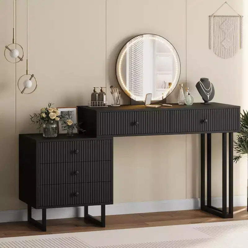 5-Drawer Plastic Vanity Table PB BoardIron Frame, Makeup Storage Desk for Dressing Room